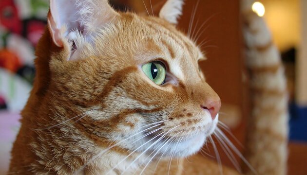 Close-up view of a ginger cat's profile, showcasing its striking emerald green eyes and intricate fur patterns.