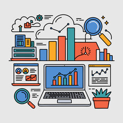 Data analysis and visualization with laptop, graphs, and magnifying glasses