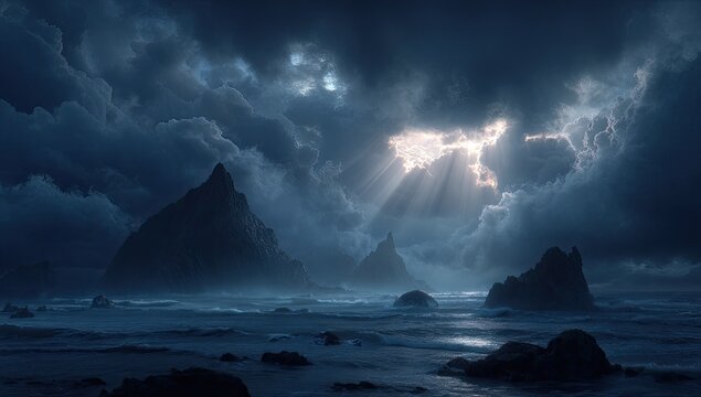 Dramatic coastal scene under a stormy moonlit sky