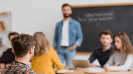 modern classroom setting featuring lesson plan on board with ar themes blurring text bars