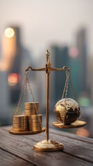 Golden Scale of Justice and Judge Gavel on Wooden Desk with City Bokeh Background