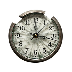 A broken clock with shattered glass and frozen hands, symbolizing lost time, isolated on white or transparent background. PNG