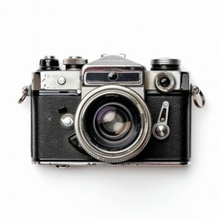 Vintage camera, black and silver, top view