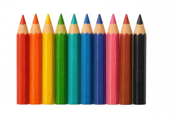 Colorful sharpened pencils standing vertically, displaying rainbow-like spectrum of vibrant artist colors on clean transparent surface