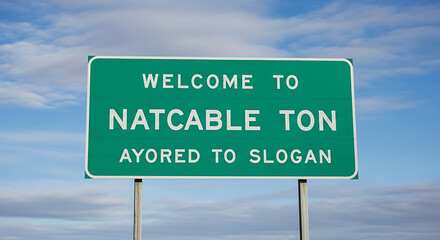 Humorous road sign indicating welcome to a fictional location with a slogan