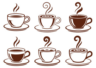 Obraz premium Coffee Cup Icons Set – Hot Drink, Espresso, Cafe, Morning Beverage, Latte, Cappuccino Illustrations