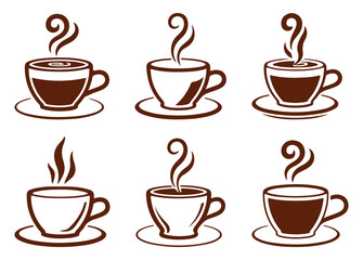 Coffee Cup Icons Set – Hot Drink, Espresso, Cafe, Morning Beverage, Latte, Cappuccino Illustrations