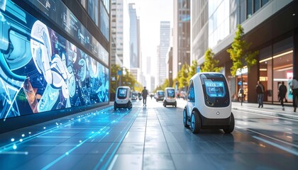 Autonomous vehicles navigate a futuristic city street, alongside pedestrians and vibrant digital displays.