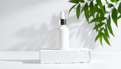 Minimalist white dropper bottle with green leaves and shadows on white background