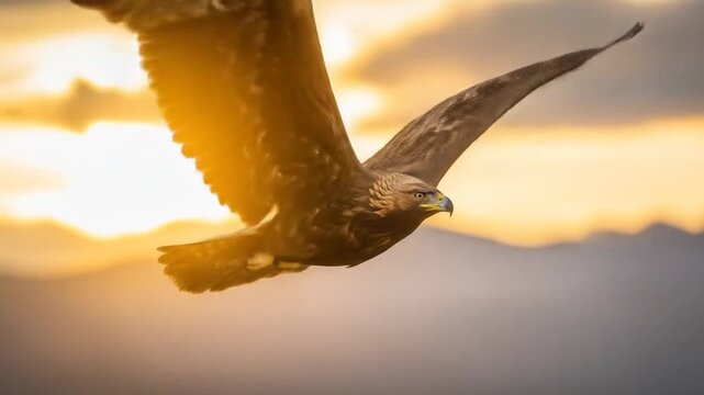 Golden eagle soars gracefully against a golden sunset, wings spread, capturing the beauty of wild