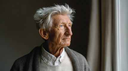 elderly man stands in bright airy room gazing thoughtfully out of window reflecting inner strength