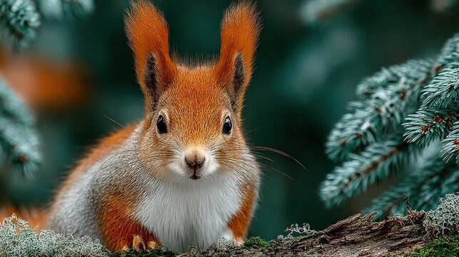 Red squirrel on branch, forest backdrop