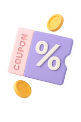 3D Rendered Pastel Coupon with Percentage Sign and Coins:  Discount, Savings, and Retail Promotion Concept.