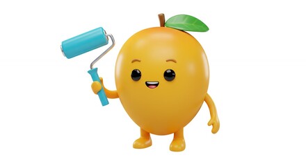 Funny orange fruit character with paint roller
