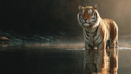 Majestic tiger in a river at dawn