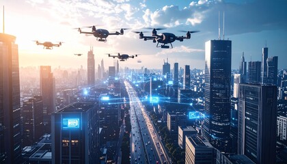 A fleet of drones flies over a futuristic smart city with glowing skyscrapers and a busy highway at sunset.