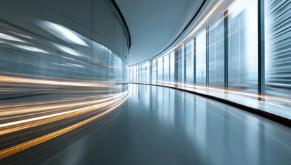 Poster de jardin Tunnel Sleek, modern interior corridor with panoramic city views  © Banda