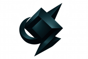 Dark blue geometric form spinning, revealing dynamic angular structure against transparent backdrop with shadowy depth