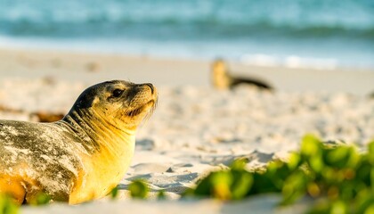 A young fur seal rests on a sandy beach, bathed in soft sunlight, with the ocean waves gently rolling in the background.