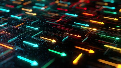 Abstract glowing network of interconnected arrows