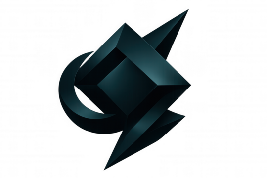 Dark blue geometric form spinning, revealing dynamic angular structure against transparent backdrop with shadowy depth