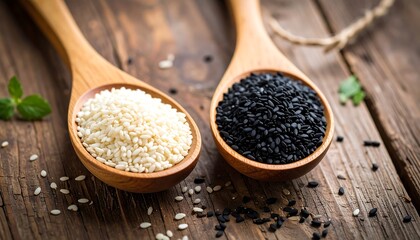 White and black sesame seeds in wooden spoons on a rustic table