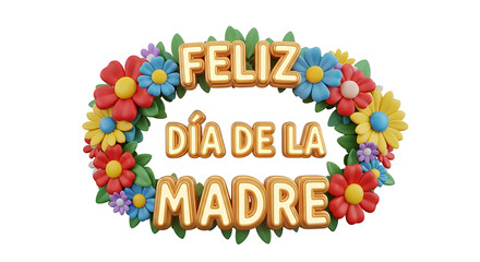 Feliz Dia de la Madre text surrounded by a vibrant floral wreath of colorful flowers and green leaves.