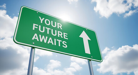 Optimistic outlook ahead with bright skies and a sign directing toward future