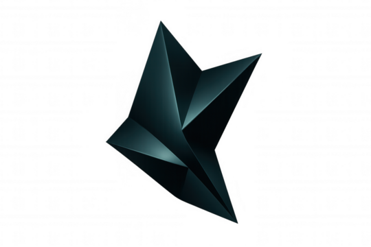 Complex dark metallic three-dimensional polygonal geometric shape rotating on transparent background, ideal for technology, futuristic or abstract designs