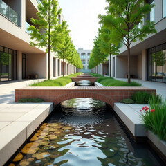 Elegant Modern Bridge with Waterfall and Pebble Stream