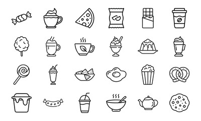 Collection of black and white food and drink icons, coffee, tea, candy, chocolate, ice cream, snacks, pizza, popcorn, pretzel, sausage, fried egg, milkshake, cold drinks, breakfast and dessert line ve