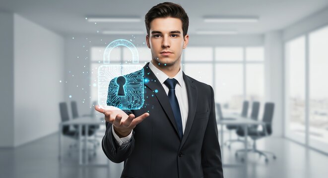 Man presenting digital lock symbol in office setting