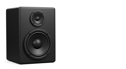 Fototapeta premium professional black sound speaker on the left side with ample copy space on the right, isolated on a transparent background. ,isolated on bright background, 3d cartoon illustration,