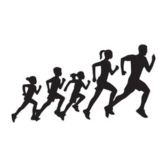  A powerful and inspiring vector illustration of a family running together in silhouette on a white background. 