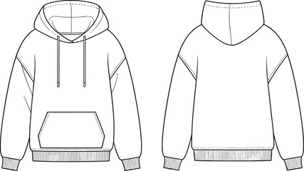 Hoodie CAD Flat Sketch Vector Template - Ribbed Cuffs, Front Pocket & Scoop Hood