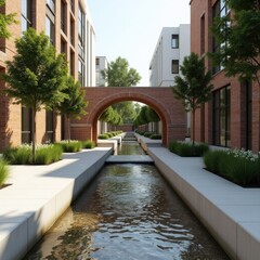 Modern Brick Arch Bridge over Flowing Stream