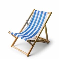 Folding beach chair with blue and white striped canvas