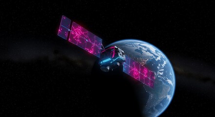 Satellite orbiting Earth with digital network overlay