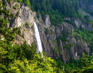 Obraz premium Waterfall cascading down rocky mountainside, lush forest