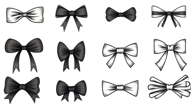 Decorative outline gift bows and ribbons set graphic png on white background