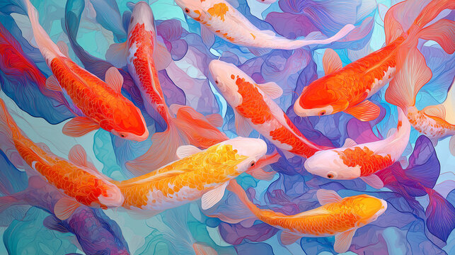 Full body Abstract multicolor many tunjo koi swim Watercolor