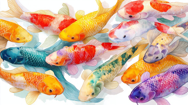 Full body Abstract multicolor many tunjo koi swim Watercolor