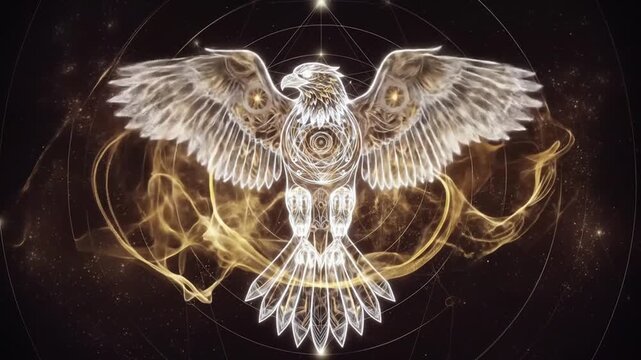 Animated golden mechanical eagle with intricate details and glowing golden plumes, modern graphic