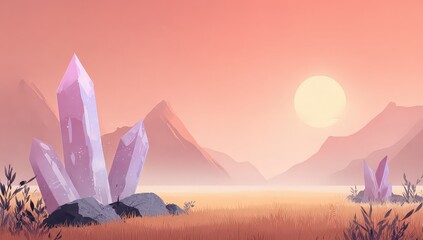 Pixel Art Desert Landscape With Crystal Formations And Pink Sunrise