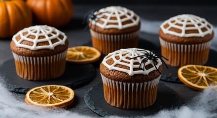 Four cupcakes decorated with white icing spiderwebs and black plastic spiders set on slate coasters Dried orange slices Pumpkins in background