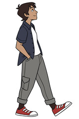 A cartoon person with short dark hair, wearing a dark blue short‑sleeved shirt over a white T‑shirt, gray cargo‑style pants with rolled cuffs, and red sneakers. Their hands are in their pockets.