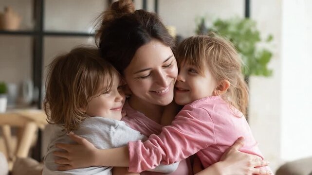 Unconditional Affection: A mother embraces her two children in a tender moment of loving connection, sharing a sense of warmth and unconditional love within the confines of their home.