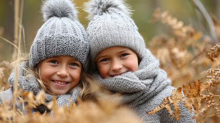 Two happy children in knitted gray hats and scarves smiling in autumn forest.