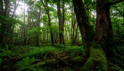 Fototapeta premium Lush green forest floor blanketed in ferns and moss, with towering trees reaching towards a soft, diffused light.