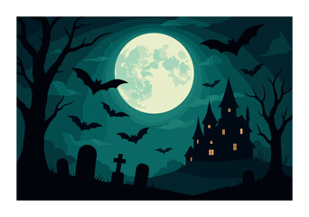 Haunted castle under full moon with flying bats in spooky graveyard scene